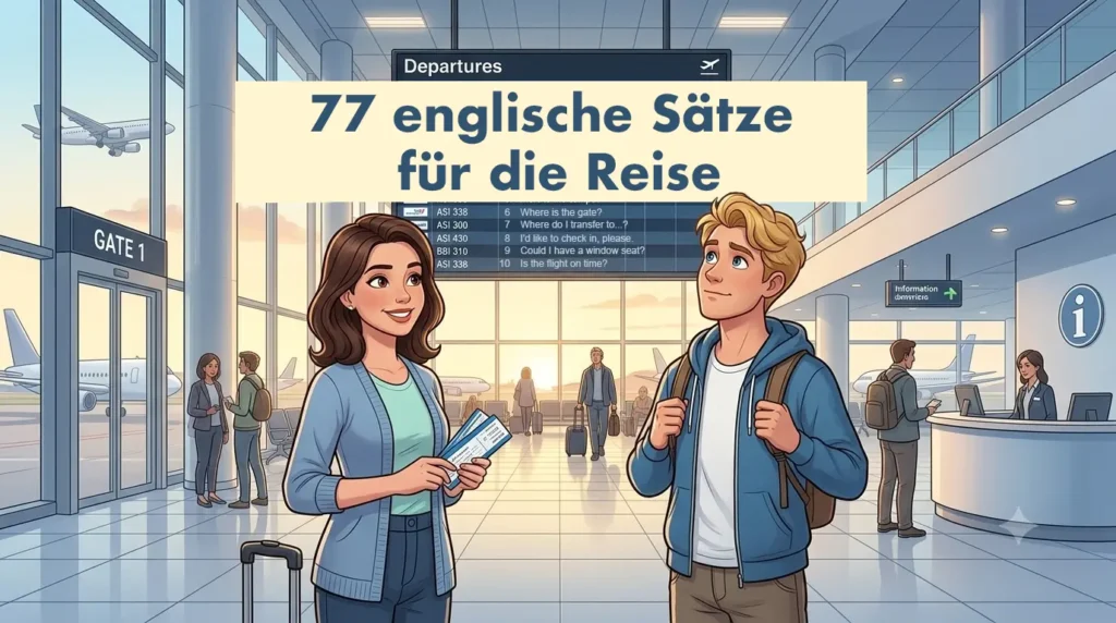 77 englische Sätze für die Reise – Lina und Tom am Flughafen mit Koffern und Boarding Pass