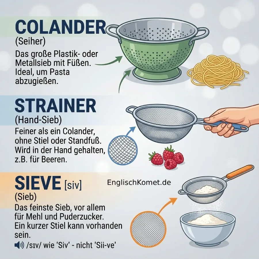 Kochen auf Englisch – Verben, Küchengeräte und Wortschatz mit Aussprache 3 unterschied collander strainer sieve