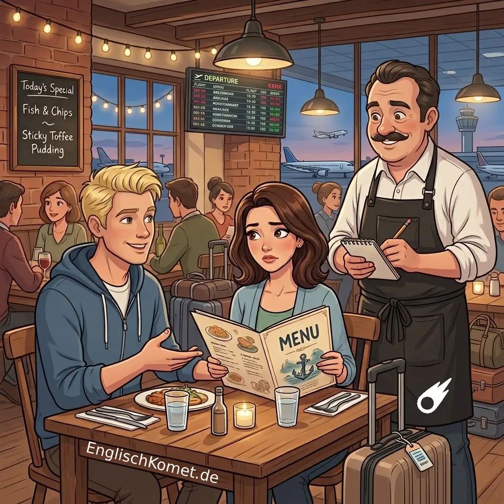 Englisch auf Reisen: 77 Sätze die wirklich funktionieren, mit Aussprache 6 Im Restaurant auf Englisch bestellen – Szene mit Kellner und Speisekarte